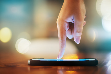 Image showing Hand, phone and biometrics with a woman using touchscreen technology to access the internet. Security, finger and fingerprint with a person touching a mobile for communication, networking or contact