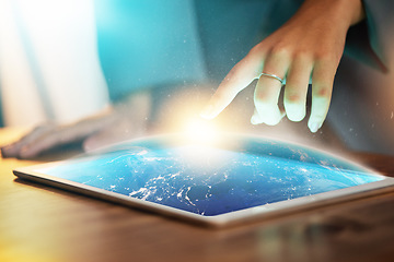 Image showing Tablet, hands and earth hologram at office in night, hand typing, planning or schedule with technology abstract. Woman, touchscreen mock up and 3d holographic ux for global networking, website or app