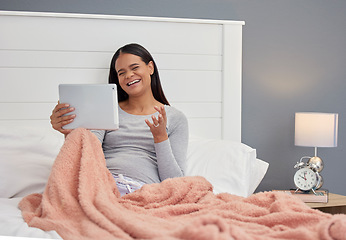 Image showing Woman, pregnant and tablet for laugh video call in home bedroom for communication or online consultation. Person with funny connection for gynecology telehealth, pregnancy update and talking health