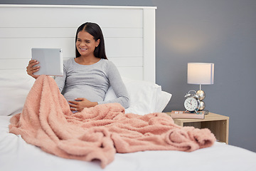 Image showing Pregnant woman, video call and tablet for communication in home bedroom for online consultation. Person happy with internet connection for gynecology telehealth, pregnancy update and talking at night