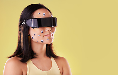 Image showing 3d metaverse, virtual reality and woman in vr, exploring cyber world or futuristic technology. Future, eye stickers and female with digital headset for gaming in studio isolated on yellow background.