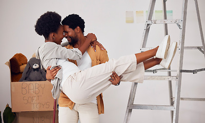 Image showing Love, lifting or happy couple in home renovation, diy or house remodel together by apartment ladder. African lovers, partnership or black man with pregnant woman excited about baby or family property