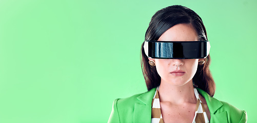 Image showing Mockup, future and woman with virtual reality glasses, metaverse and lady with fashion and studio background. Futuristic, female and girl with vr eyewear, innovation and cyberpunk with confidence