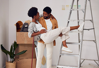 Image showing Love, lifting or black couple in home renovation, diy or house remodel together by apartment ladder. Happy lovers, partnership or African man with pregnant woman excited about baby or family property