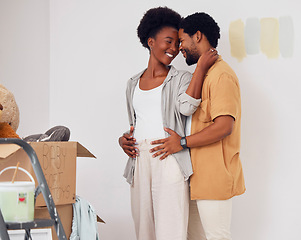 Image showing Forehead, pregnancy or black couple embrace in home renovation, diy or house remodel together by apartment. Lovers, partnership or African man hugging pregnant woman excited about baby or new family