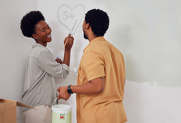 Image showing Heart painting, love or black couple home renovation, diy or house remodel laughing together with paintbrush. Happy smile, woman and funny African man with partnership, team work or collaboration