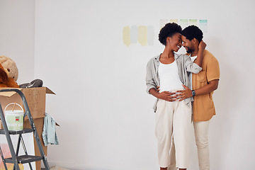 Image showing Forehead, pregnancy or black couple hugging in home renovation, diy or house remodel together by apartment. Lovers, partnership or African man and pregnant woman excited about baby or new family