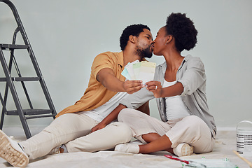 Image showing Painting color, love or black couple kiss in home renovation, diy or house remodel together by apartment ladder. Design, choices or African man kissing pregnant woman excited about baby or new family