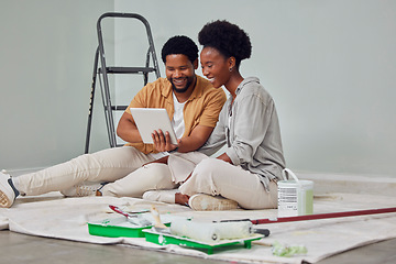 Image showing Painting, tablet or black couple in home renovation, diy or house remodel online shopping together. Digital, ecommerce choices or African man on the internet with woman excited about family property