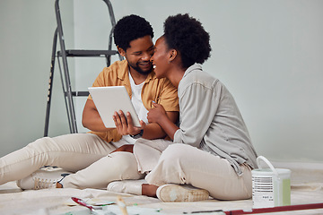 Image showing Painting, tablet or black couple online shopping for home renovation, diy or house remodel together. Digital, ecommerce choices or African man on the internet with woman excited about family property