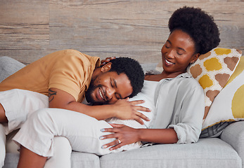 Image showing Pregnant, black couple and listening to stomach while excited and happy on lounge couch. Man and woman together talking pregnancy future, love and life insurance for healthy lifestyle and heartbeat