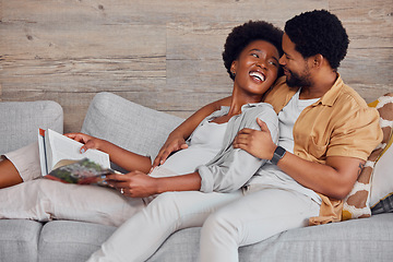Image showing Pregnant, black couple and reading book while talking and happy on lounge couch. Man and woman together excited for learning for pregnancy future, love and gynecology education for healthy lifestyle