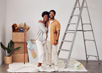 Image showing Painting, portrait or home with a black couple in DIY, renovation or house remodel with a paintbrush or roller. Teamwork, partners or African man and pregnant woman excited about baby or family start