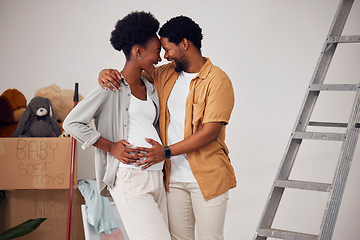 Image showing Forehead, pregnancy or black couple hug in home renovation, diy or house remodel together by apartment ladder. Lovers, partnership or African man and pregnant woman excited about baby or new family