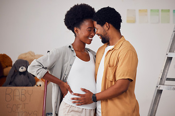 Image showing Love, pregnancy or black couple hug in home renovation, diy or house remodel together by apartment ladder. Forehead, happy smile or African man and pregnant woman excited about baby or new family