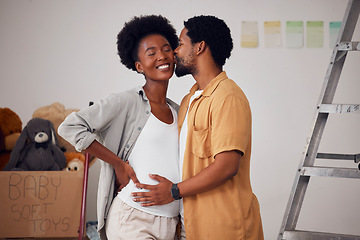 Image showing Love, pregnancy or black couple kiss in home renovation, diy or house remodel together by apartment ladder. Hugging, happy smile or African man and pregnant woman excited about baby or new family