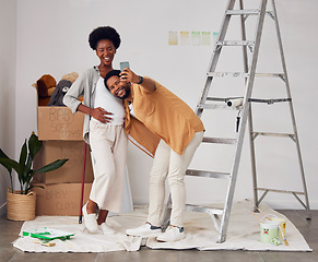 Image showing Pregnancy, selfie or happy black couple in home renovation, diy or house remodel together by apartment ladder. Photo smile, family profile picture or African man with pregnant woman excited with baby