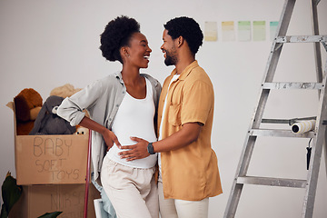 Image showing Love, pregnancy or happy black couple in home renovation, diy or house remodel together by apartment ladder. Hugging, romantic smile or African man and pregnant woman excited about baby or new family