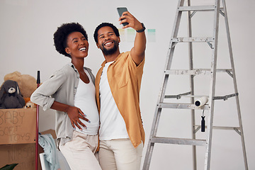 Image showing Love, selfie or happy black couple in home renovation, diy or house remodel together by apartment ladder. Photo smile, profile picture or African man and pregnant woman excited about baby or family