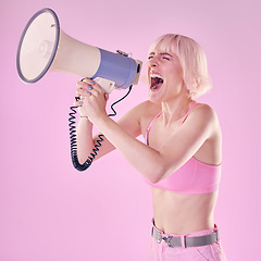 Image showing Woman, megaphone and gen z protest on pink background of speech, announcement and noise sound. Feminist broadcast voice for human rights, justice and fight of gender equality, opinion or revolution