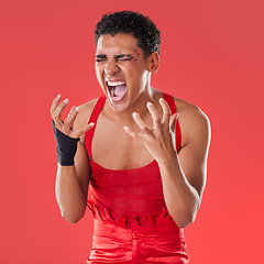 Image showing Frustrated, black man and angry with shouting, gay and depression against studio background. African American male, queer and unhappy transgender person with anger, screaming and upset on backdrop