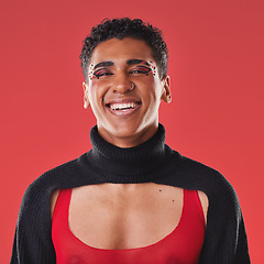 Image showing LGBTQ, beauty portrait and black man isolated on red background for creative cosmetics, makeup and queer lifestyle. Young, edgy gen z model or gay person headshot for fashion and face art in studio