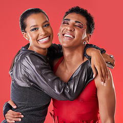 Image showing Portrait, fashion and friends hug, smile and creative with trendy, stylish and edgy outfits with studio background. Face, black woman and happy man embrace, happiness and joyful with artistic clothes