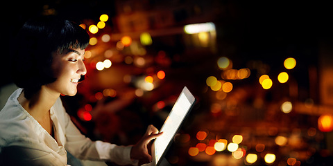 Image showing Mockup, night and tablet screen with woman on rooftop for research, social media and networking app. Technology, internet and website with employee in office for email, communication and data in city