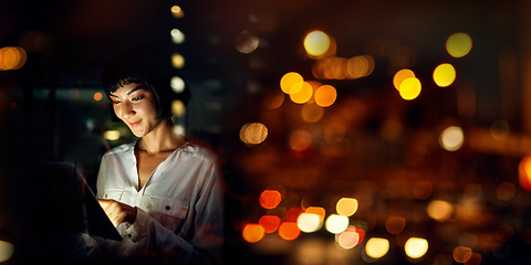 Image showing Tablet, city and woman in night bokeh for information technology, fintech software and online finance app. Young person or worker on digital analytics for financial strategy, trading or stock market