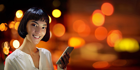 Image showing Portrait, asian woman and phone on bokeh banner, mockup background or 5g mobile tech app in Korea. Happy female, mock up and smartphone at night for digital contact, connection or social media search