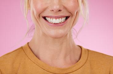 Image showing Teeth whitening, mouth and woman in studio, pink background and backdrop. Happy female model, lips and smile for dental wellness, tooth implant and aesthetic facial of beauty, health or face skincare