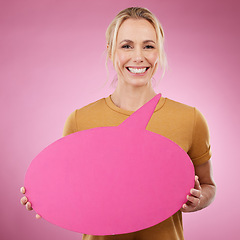 Image showing Speech bubble, woman and portrait on pink background for mockup advertising, communication and review. Happy female model, thought poster and voice for marketing space, feedback and product placement