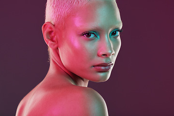 Image showing Neon, beauty and cyberpunk, portrait of woman with makeup and lights for creative or unique skincare on studio background. Skin care, art and cosmetics girl, model isolated for futuristic face mockup