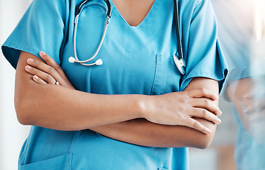 Image showing Healthcare, closeup and proud, woman and doctor at hospital with arms crossed in medicine for health goal. Nurse, hands and professional surgeon ready for help and medical service, working at clinic