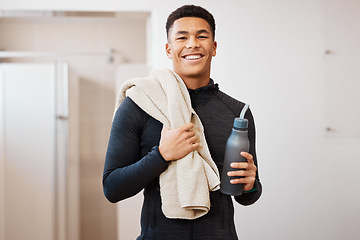 Image showing Portrait, black man and bottle in locker room of gym for rest, cleaning towel and shower after exercise. Happy sports guy, athlete and break after workout, training and wellness in fitness bathroom