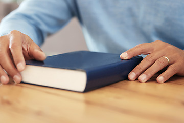 Image showing Religion, christian and hands with a bible for education, prayer and hope. Peace, worship and man ready to start learning about Jesus, the church and God by studying a holy book for support and faith