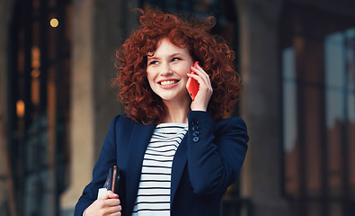 Image showing Phone call, city and business woman outdoor with mobile communication excited about news. Happiness, networking and work bonus conversation of an entrepreneur with promotion talk smile and mockup