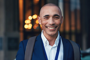 Image showing Businessman, smile and portrait in city for corporate trading, executive management and happiness in Colombia. Happy young trader in urban street with motivation, professional mindset or outdoor face