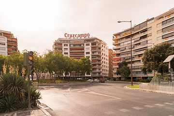 Image showing Spanish flags are hung from the balconies