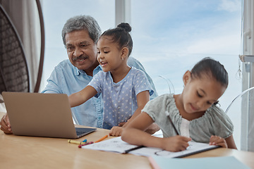 Image showing Education, elearning and home school for kids with grandfather at a table for writing, lesson and online class. Distance learning, laptop and children with man in a living room, helping and bonding