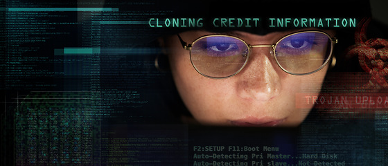 Image showing Face, double exposure or serious woman for cloning information technology, futuristic software or cyber security network. AI, hacker or girl on tech dashboard, database phishing or fraud at night