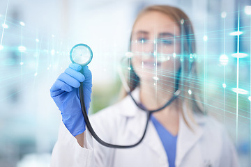 Image showing Woman, doctor or stethoscope on hologram overlay database for future healthcare, medicine or innovation information technology. Employee in futuristic medical clinic, dashboard networking or software