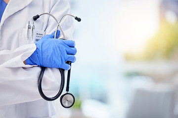 Image showing Doctor, hands and stethoscope with arms crossed on mockup for healthcare, life insurance or service. Hand of medical expert GP with latex gloves in cardiology for advice, help or medicare assurance