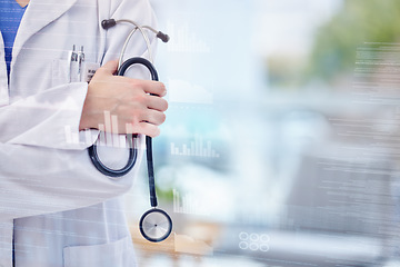 Image showing Doctor, hands and stethoscope with arms crossed on mockup for healthcare, life insurance or service. Hand of medical expert GP in cardiology for professional medicare assurance on overlay