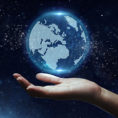 Image showing Earth day, digital universe and hand with a planet for sustainability, environment and eco friendly. Support, care and person with a holographic world with a galaxy for connection and ecology