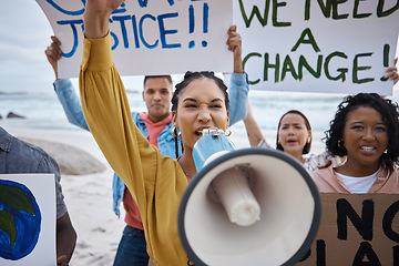 Image showing Protest, climate change and black woman with megaphone, fight for freedom with voice, movement and environment rights. Politics, angry people on beach for activism and solidarity with saving planet