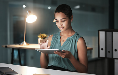 Image showing Tablet, night or business woman typing article for social network app, digital website or online blog. Brand monitoring ui, administration research or African media worker reading customer experience