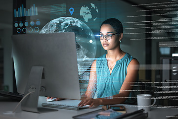 Image showing Computer hologram, global network and woman reading data analysis of earth communication, world networking or chart. Futuristic night overlay, planet ui hud or African media employee working overtime