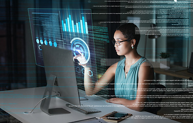 Image showing Computer hologram, finance or woman point at future administration dashboard, research chart or ui software. Digital transformation, cloud computing overlay or African accountant review data analysis