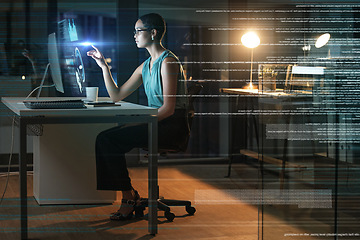 Image showing Computer, hologram analytics and woman point at global network, networking communication or research graph. Digital transformation profile, ui dashboard or African person work on future night overlay